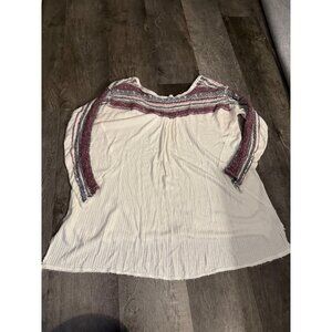 Free People Ivory Long Sleeve Womens Top With Colorful Crochet Trim - Large